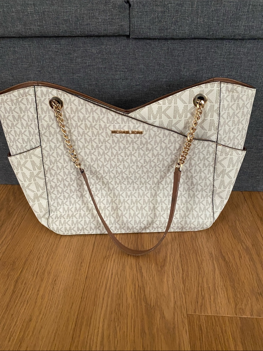 Michael Kors Cream MK Logo Tote with Brown Trim and Gold Chain